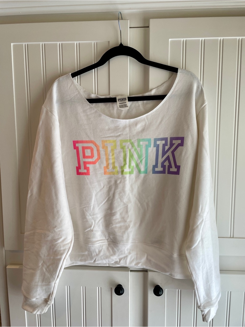 PINK Victoria's Secret Cropped White Rainbow Logo Sweatshirt